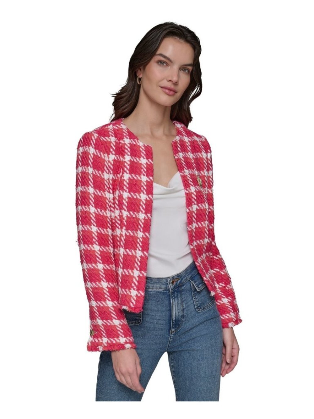 KARL LAGERFELD PARIS Tweed Open-Front Jacket Pink Petite Size 12P MSRP $179